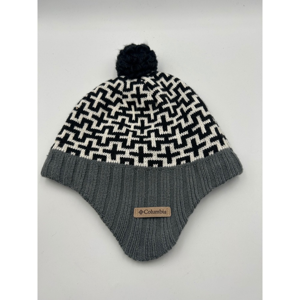Columbia Youth Omni-Heat Beanie Earflap Hat Black White‎ Grey Geometric  Beanie